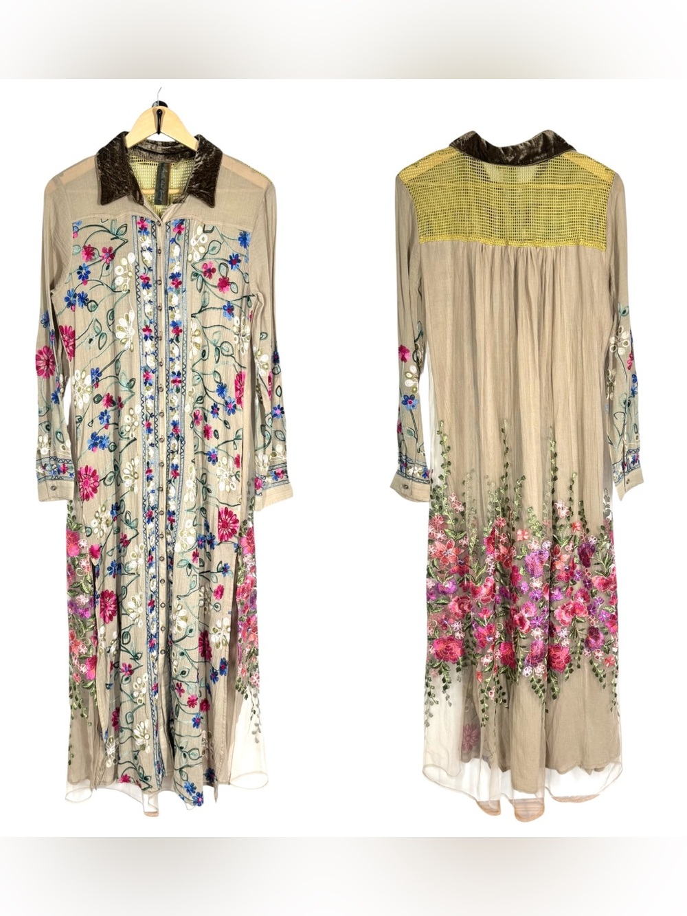 Aratta Silent Journey Kensington Garden Embroidered Maxi Cardi Duster S XS Boho